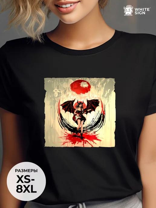 Oversized cotton T-shirt with Demon with Guitar print L