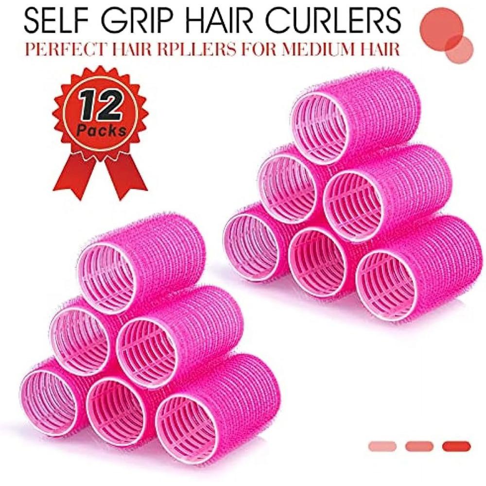 Giant curling wand roller set, 24 pieces, including 12 self-grip curling wands and 12 stainless steel duckbill clips (rose red)