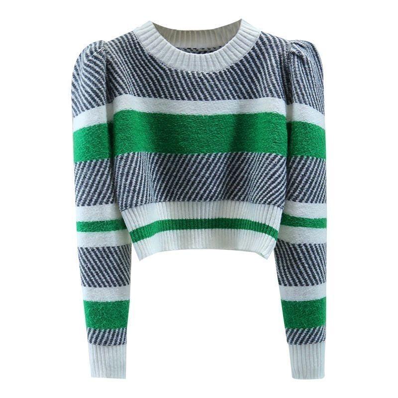 Autumn/Winter Women's Striped Sweater Round Neck Loose Color-block Pullover Sweater Short Sleeve Knitted Tops