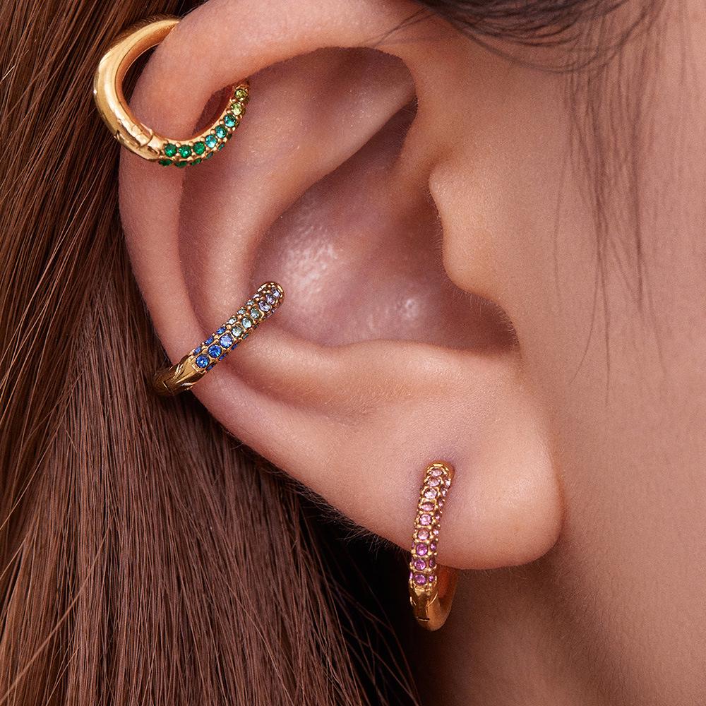 Qiong Yao 18k Gold Plated Stainless Steel Colorful Diamond Small Hoop Clip-on Earrings
