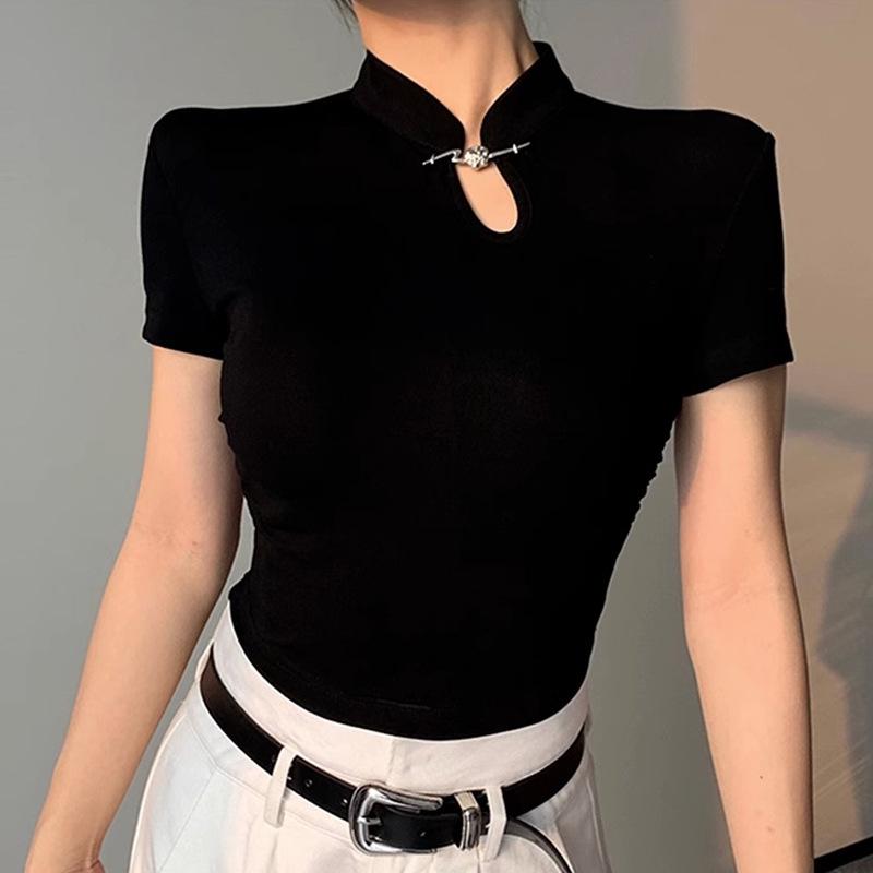 Women's Black Short Sleeve Cheongsam-Style Top with Modern Design