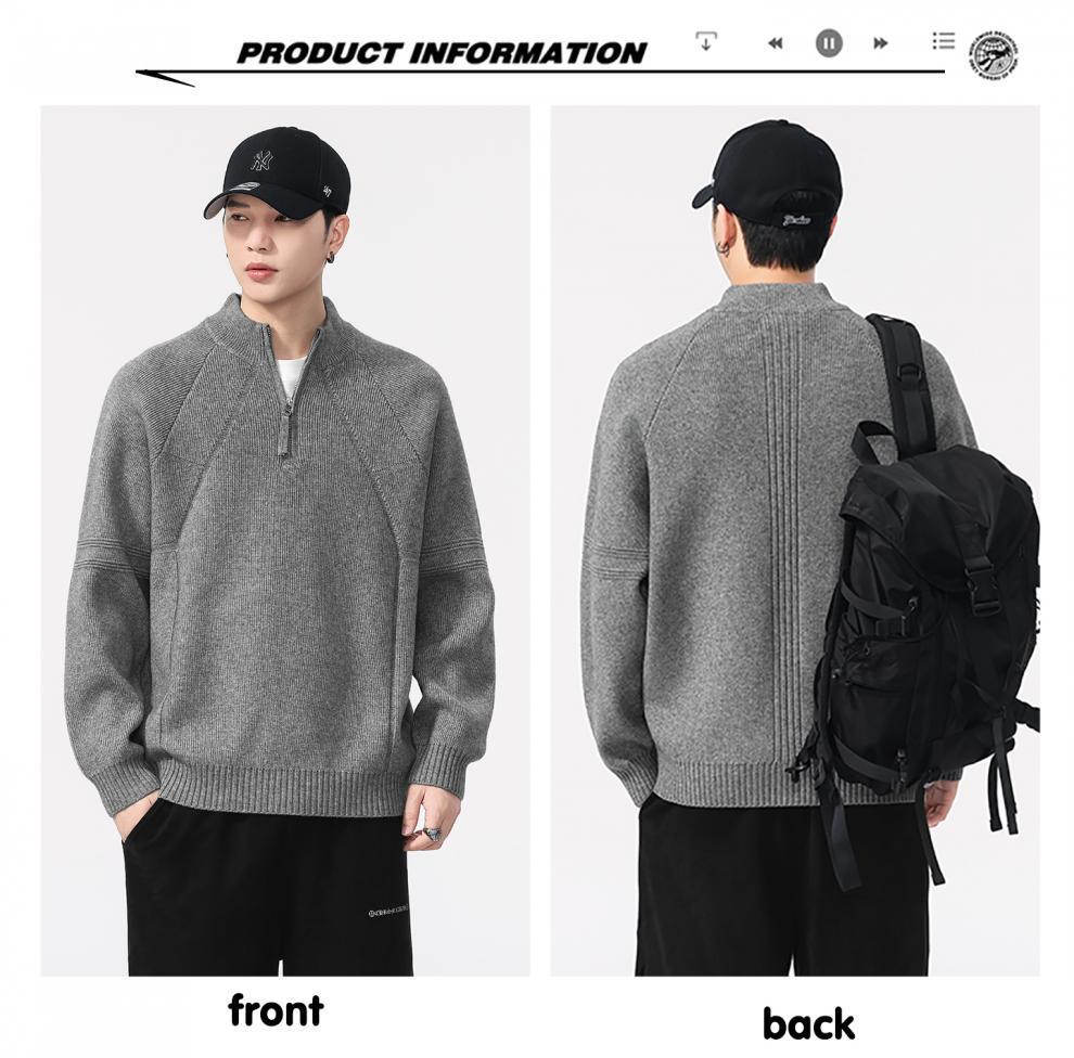 2025 Men's Autumn/Winter Half-High Collar Zipper Sweater - Loose Fit, Solid Color Pullover Knitwear