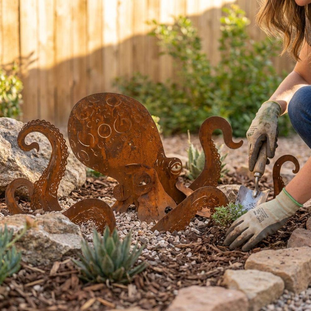 Vintage Iron Rusty Metal Squid Garden Statue Coastal Art Squid Yard Art Decor Outdoor Yard Art