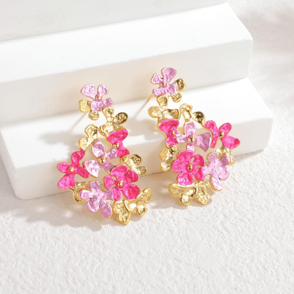 Cross-border Colorful Drip Oil Petal Stud Earrings - Eye-catching, Versatile, Stainless Steel Earrings for Women