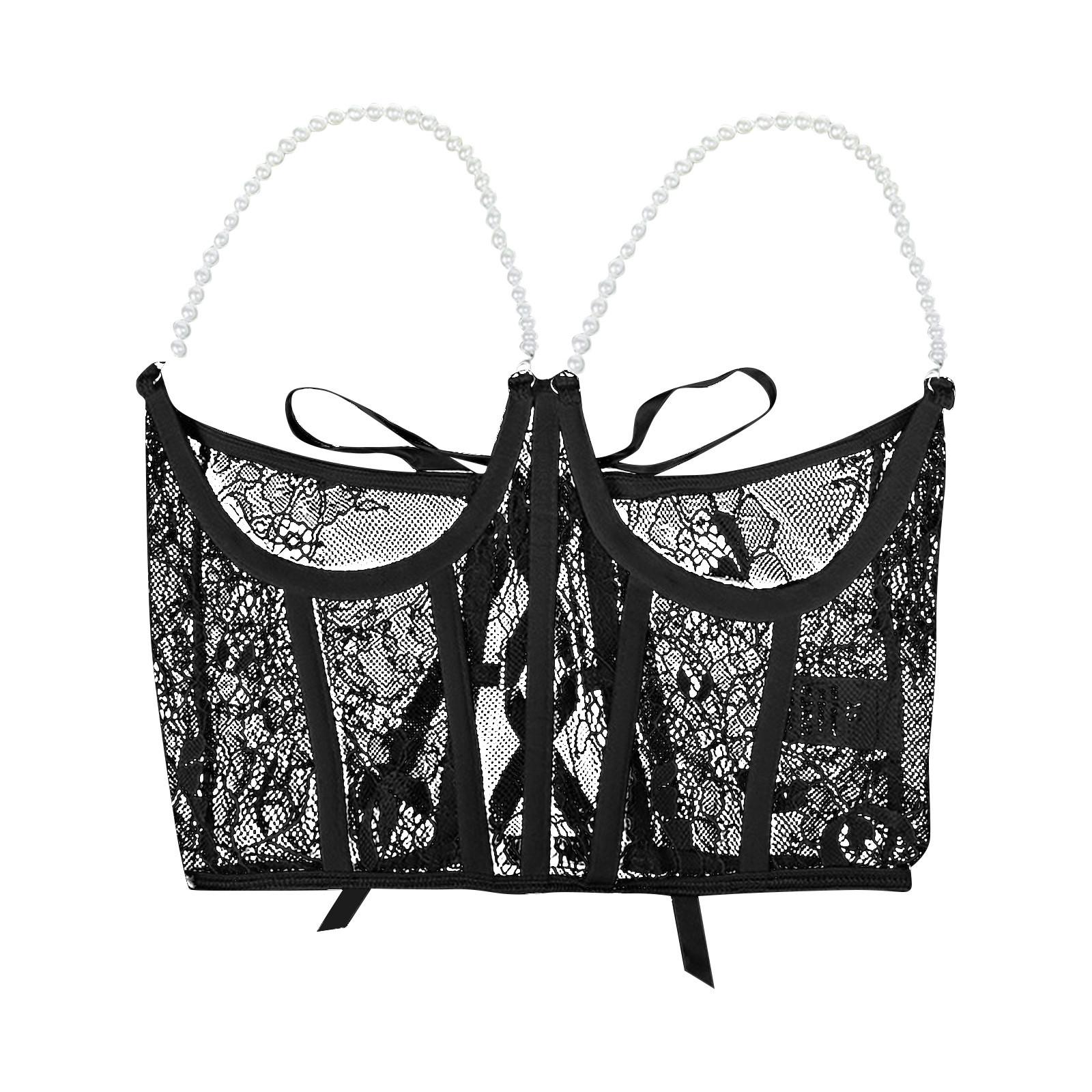 

Повседневный кружевной пэчворк с жемчужной цепочкой, сексуальный обхват груди, облегающий крой со стальным кольцом Fishbone, модный уплотнитель талии L чёрный