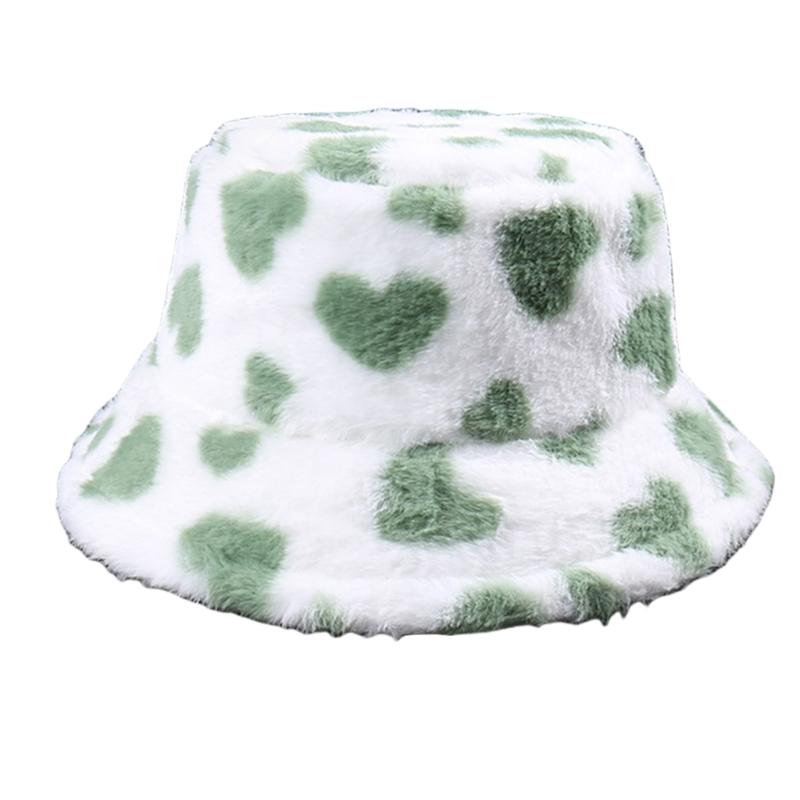 Warm Plush Bucket Caps with Heart Pattern Fashion Winter Autumn Casual Wear Fisherman Hat for Women Girl Outdoor Activity