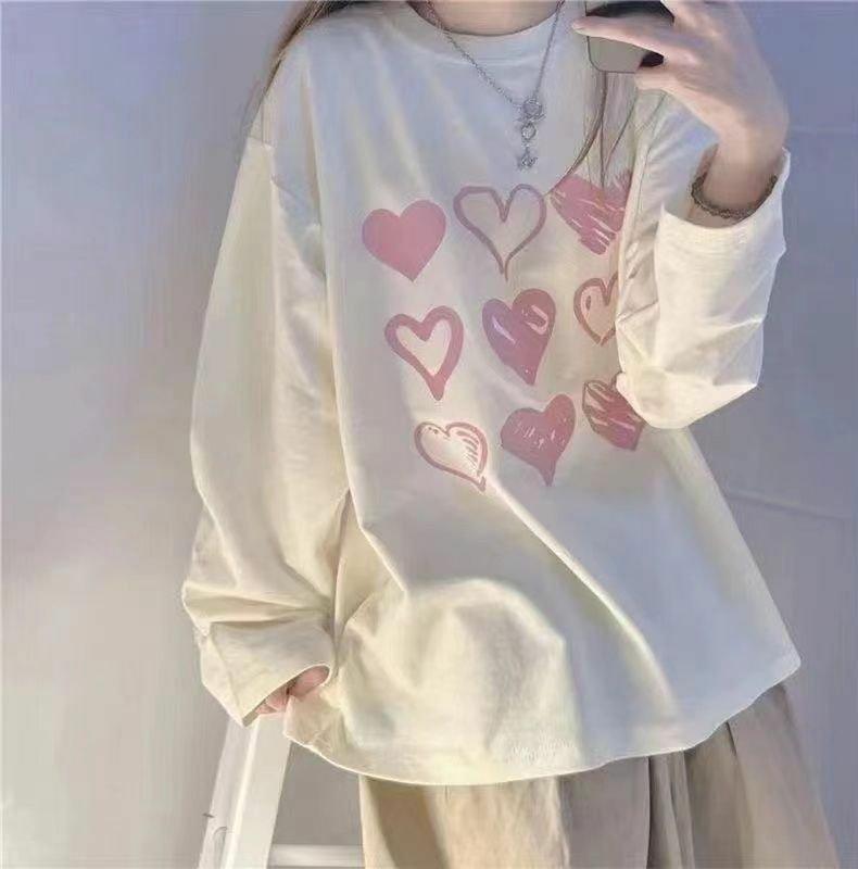 Women's Crew Neck Long Sleeve T-Shirt Loose Milk Silk Printed Top Casual Street Style Autumn Winter Basic Layering Tee