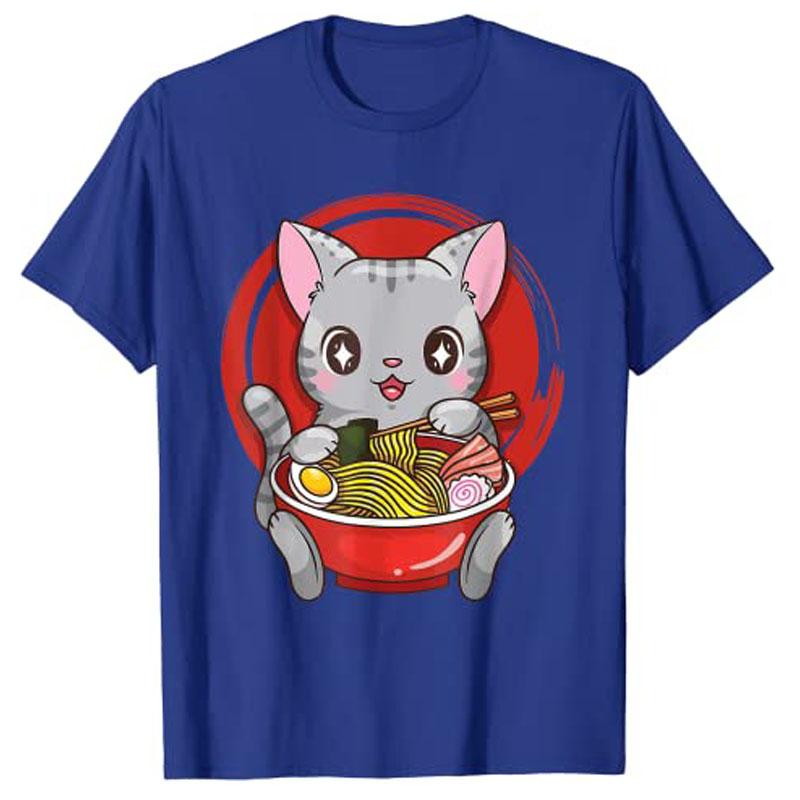Official Teenager RaUnisex Cat Anime Kawaii Neko Japanese Girls TShirt Harajuku Clothes Y2k Kitten Eating Noodles Novelty Cute Tee