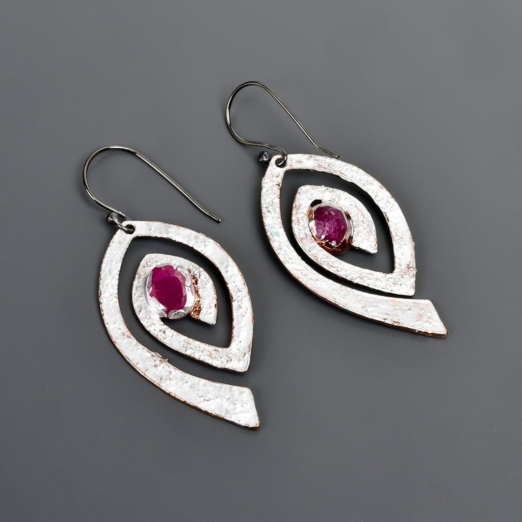 Pink Ruby Gemstone Silver Plated Dangle Drop Multi Electroformed Ethnic Earrings V-88