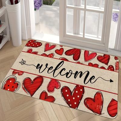 Tapete de Entrada Porta Vermelha Love Bem-vindo Absorvente de Água Antiderrapante Resistente ao Desgaste Tapete Decorativo de Entrada Decoração de Casa