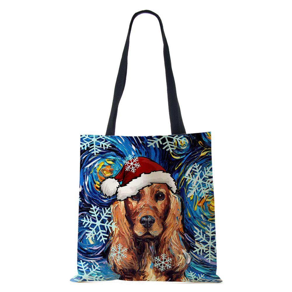 Christmas Dog Canvas Shopper Tote Bag Utskrift Harajuku Kvinner Gjenbrukbar skulderveske 2022 Casual Stor kapasitet sammenleggbar håndveske