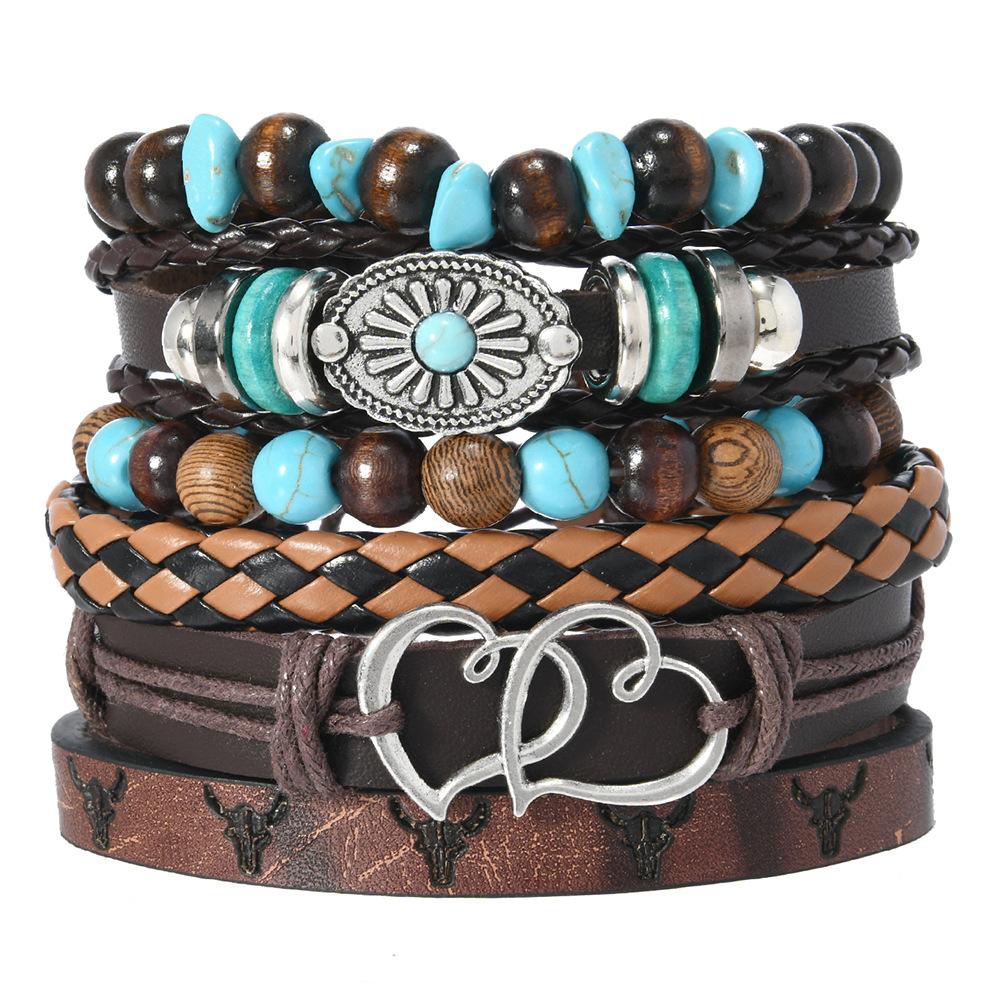 Leather Bracelets for Men Women Handmade Wrap Woven Cuff Bracelets Wooden Beaded Bracelets Vintage Ethnic Tribal Wristbands Bracelet Set Adjustable