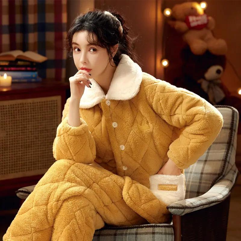 Ms. Autumn and Winter Coral Fleece Intensification Brushed Warm Flannel Loungewear Large Size Set Pajama Set Sleepwear Women