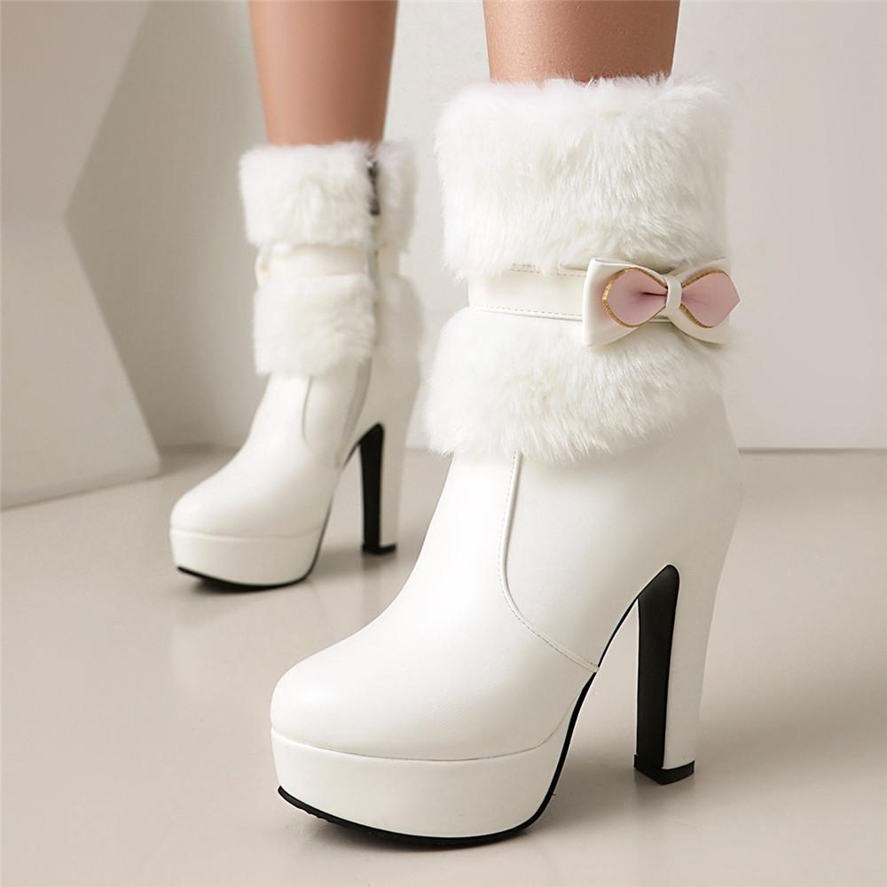 Fashion 2025 Winter Womens Fashion High Heel Boots White Black Fur Tassel Bowtie Lovely Lolita Ladies Party Wedding Shoes Size 35-43