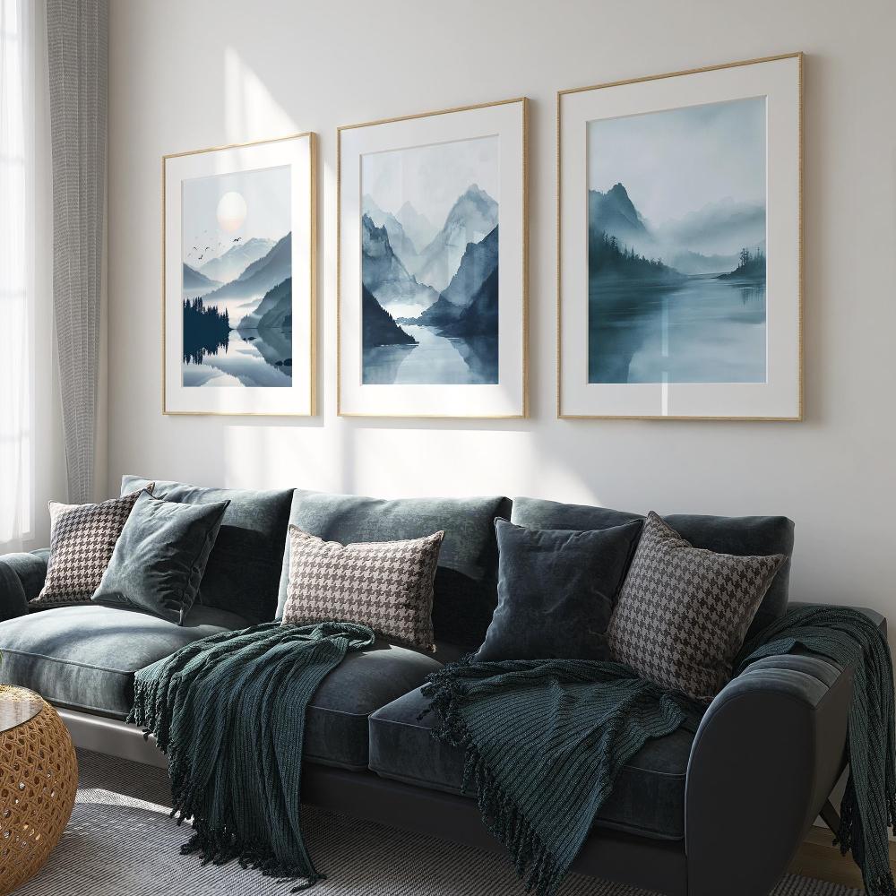 Blue Mountains Wall Art Set of 3 Misty Landscape Prints Minimalist Nature Posters Canvas Poster Prints Home Bedroom Room Decor