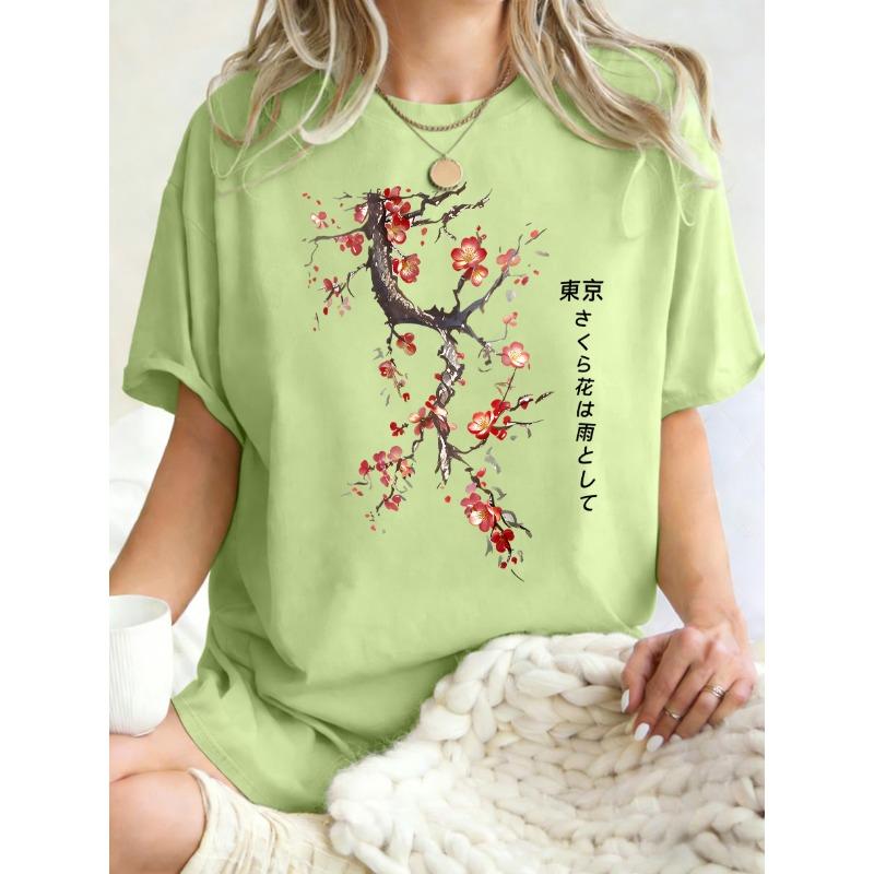 

Харадзюку Токио Футболка с принтом вишневого цвета Женская Летняя Футболка с круглым вырезом Хлопок Уличная Одежда Свободная Хип-Хоп Короткий Рукав XL