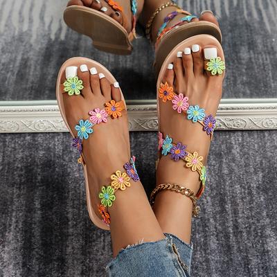 Böhmische Sandalen 2025 neuer ethnischer Stil farbige Blumen Flats Damenschuhe europäische und amerikanische Übergröße Schuhe Übergröße