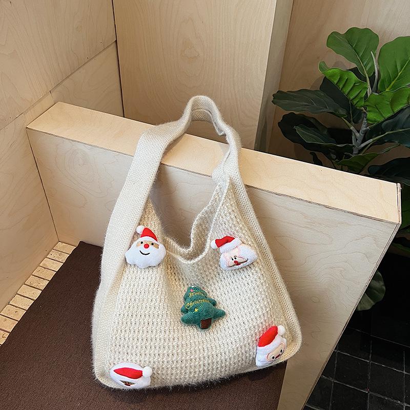 Christmas Knitted Shoulder Bag Women Simple Large Capacity Hollow Woven Tote Bag Textured Casual and Versatile Commuting Bag