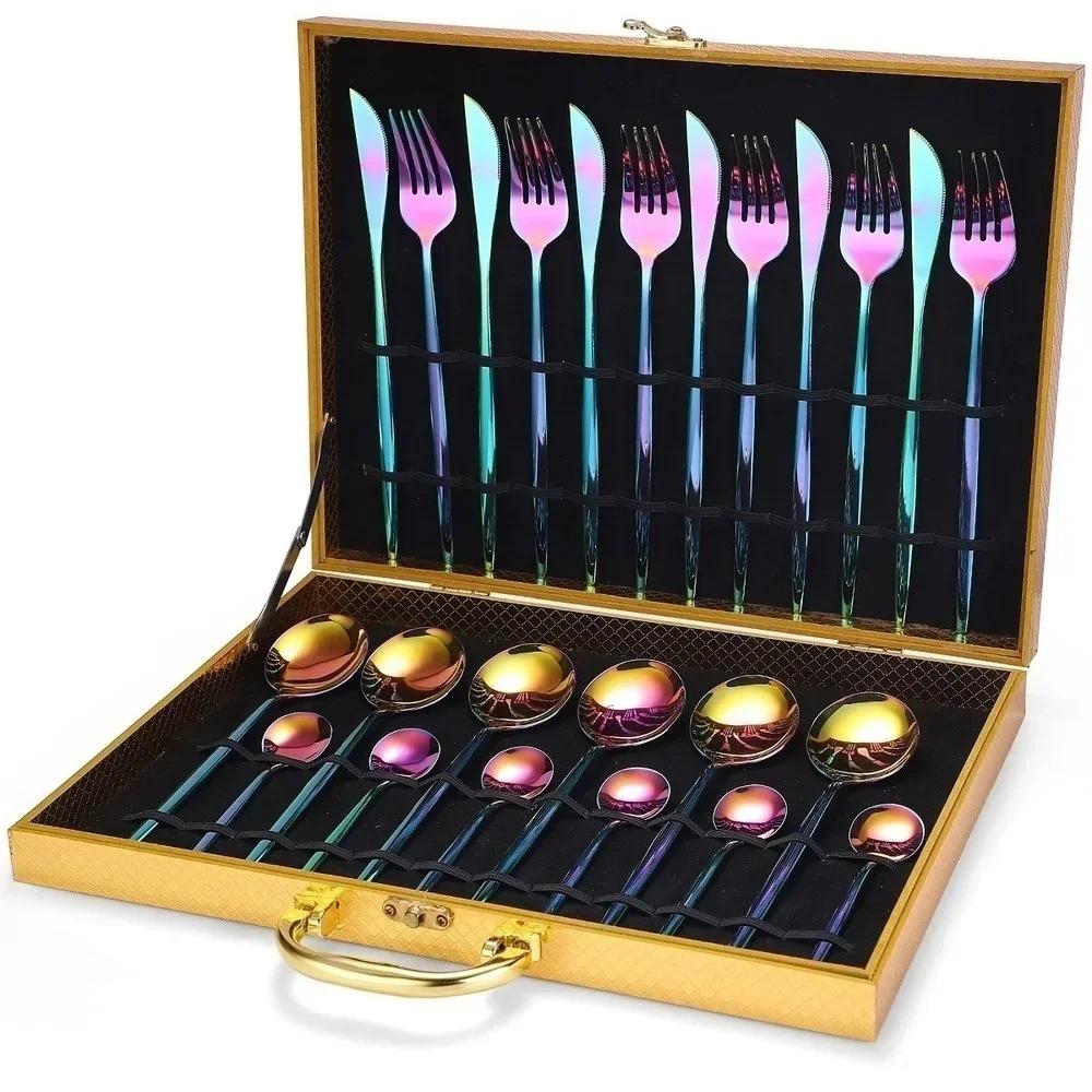24Pcs Stainless Steel Tableware Set Steak Knife Fork Spoon Tableware Hotel Restaurant Tableware Gift Box Set Gift Tableware