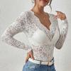 Women Tops V-Neck Long Sleeve Hollow Embroidery Lace Design Pullover Tops Pure Color Slim Fit Mesh Detail Blouse Daily Wear