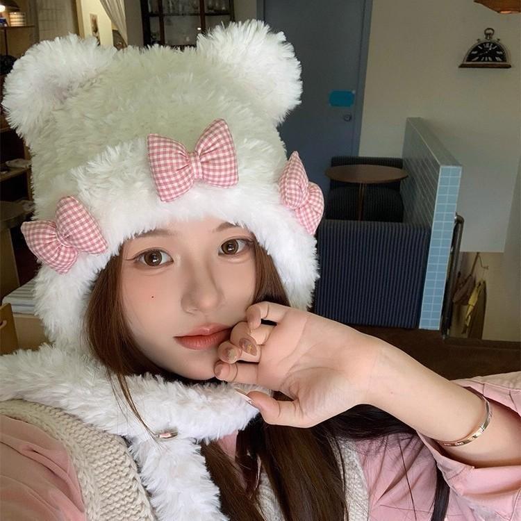 Cute Bear Ears Bow Plush Hat Female Autumn and Winter Sweet Girl Thickened Warm Ear Protector Lei Feng Hat