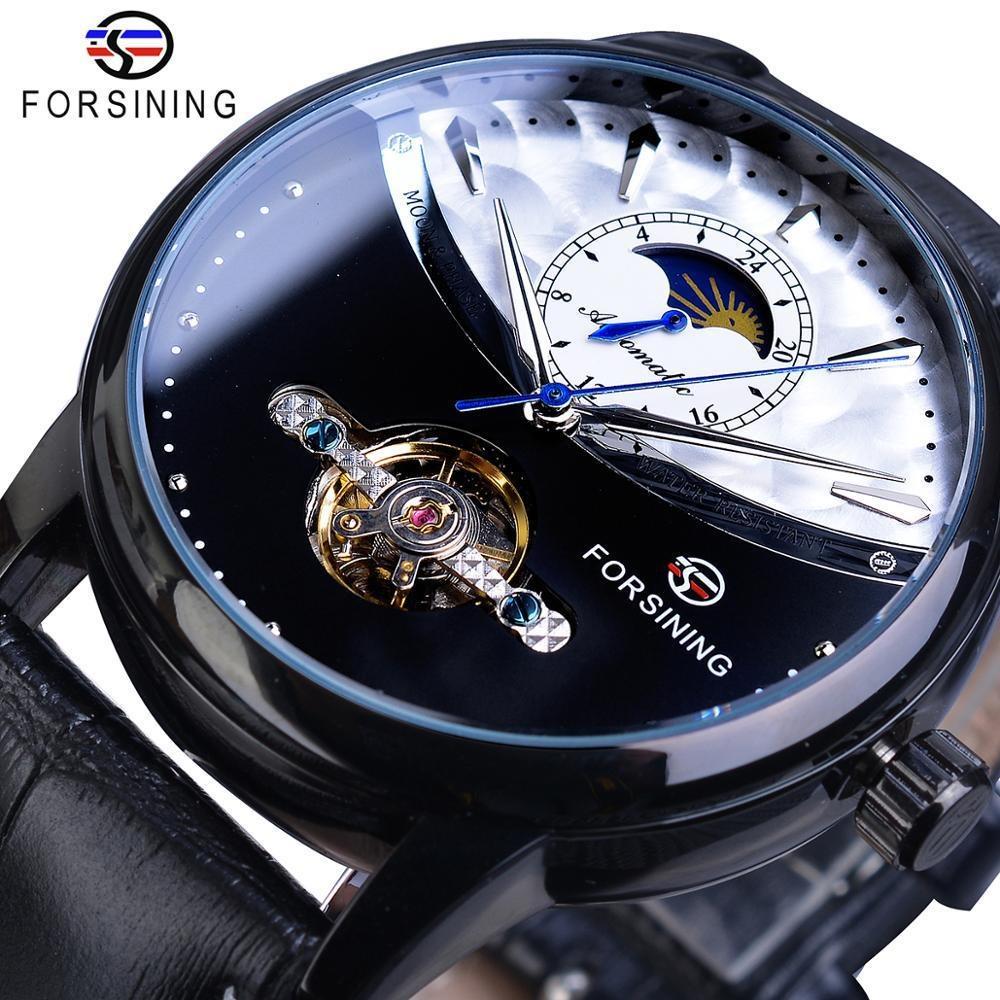 Forsining Luxury Automatic Mechanical Watches Mens Sun Moon Phase Tourbillon Watch Waterproof Men Wristwatch
