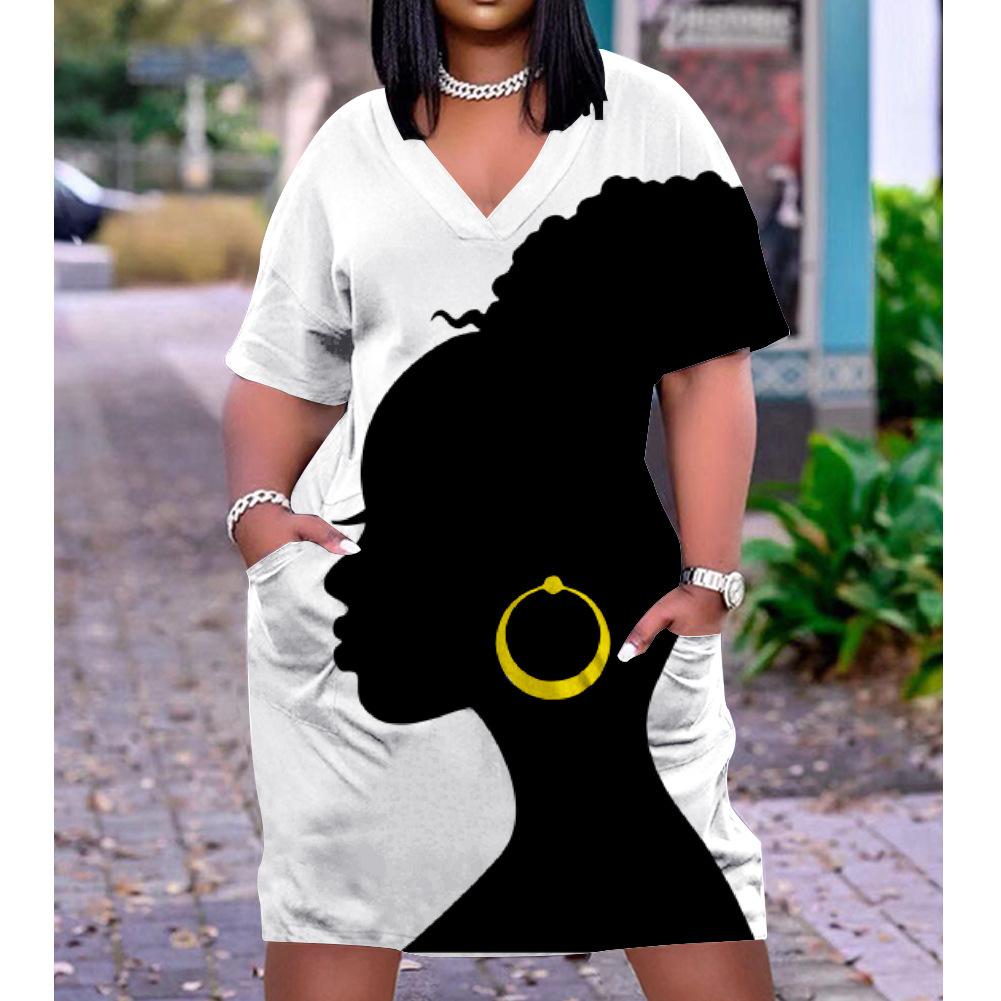 2026 digital printing cross-border temperament commuter skirt pullover V-neck dress