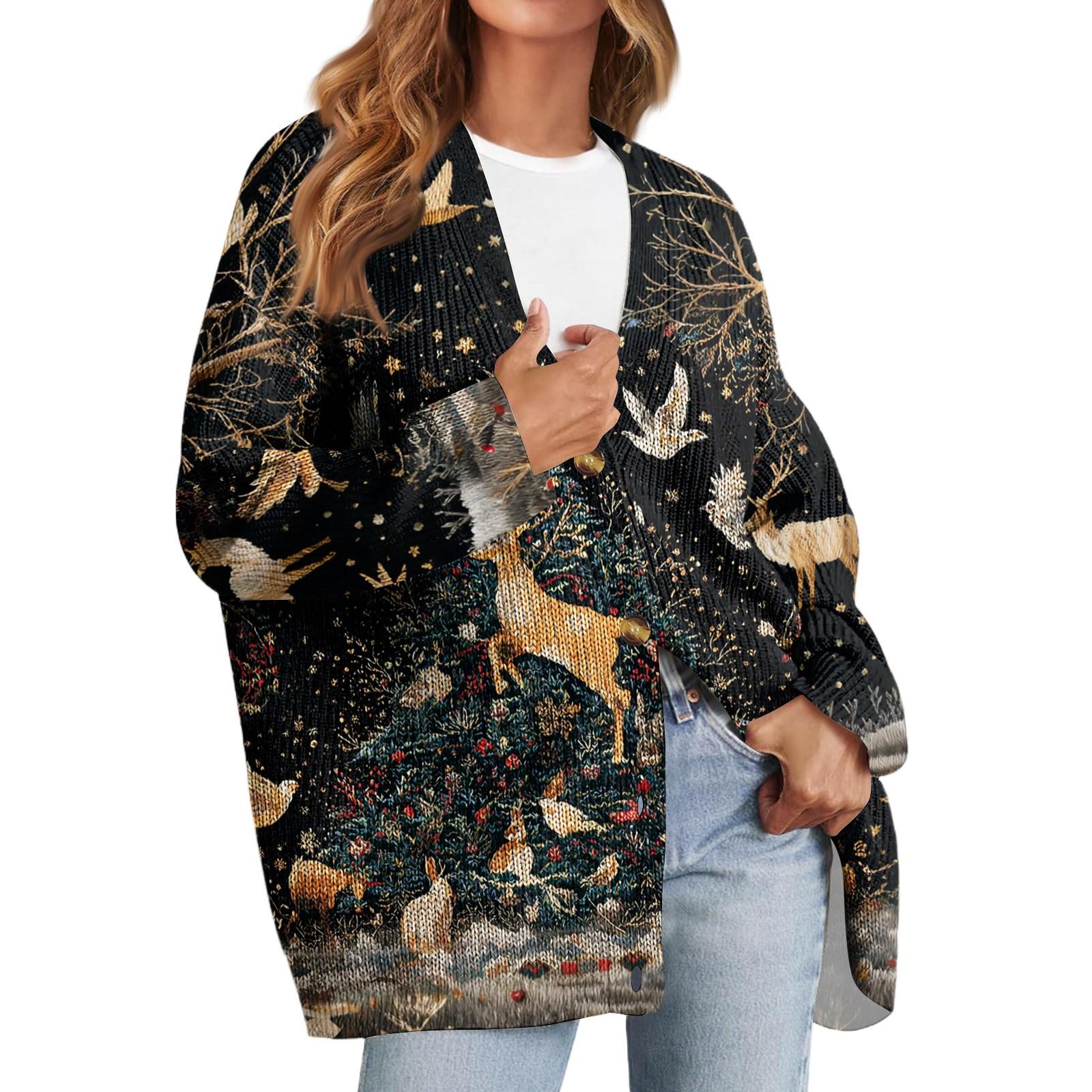 Women s Fashion Long Sleeve Christmas Print V-Neck Button Loose Cardigan Top L