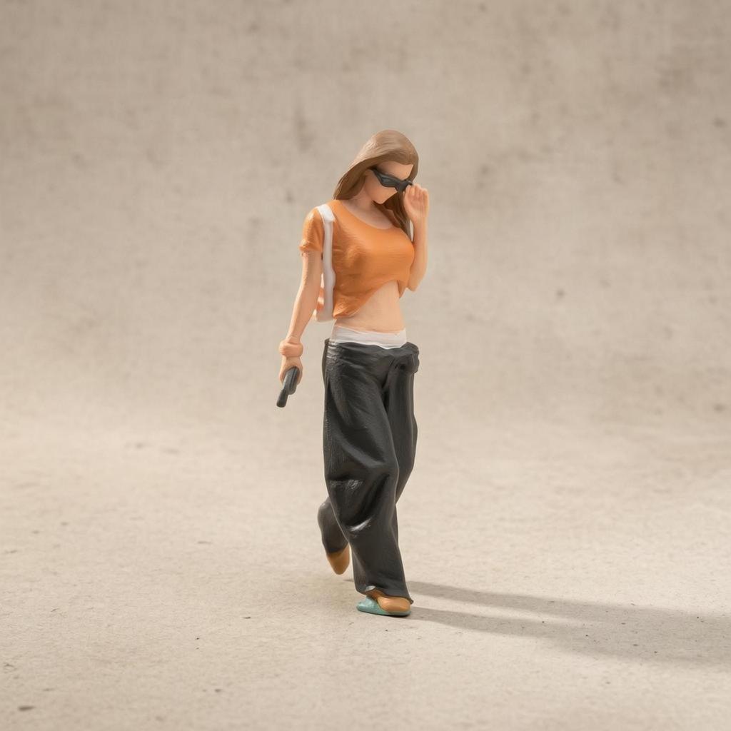 Orange Top Hand-Painted Resin Figurine Sunglasses Walking Woman Phone