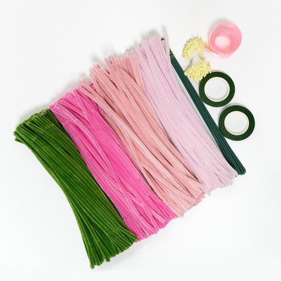 1 Set Pipe Cleaner Flower Material Kit with Stem Stamens Tape Ribbon 4 Colors Chenille Stem Twist Stick Handmade Tulip Flower Decoration DIY