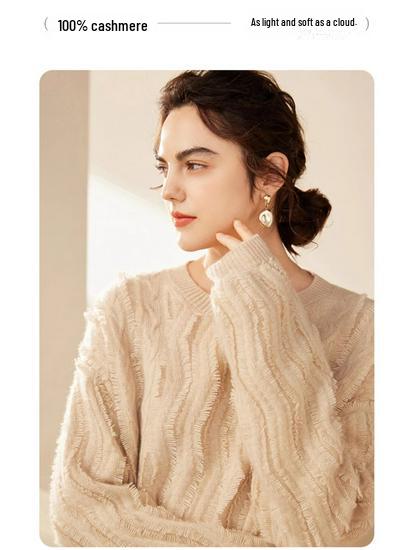 Double-Strand Tassel Round Neck 100% Pure Cashmere Sweater for Autumn/Winter 2024 - Loose Fit, Light Luxury Style for Women