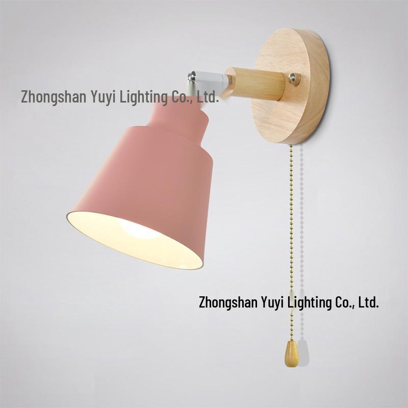 Modern Minimalist Nordic Macaron Bedside Wall Lamp with Wooden Pull Switch for Living Room or Restaurant Decor