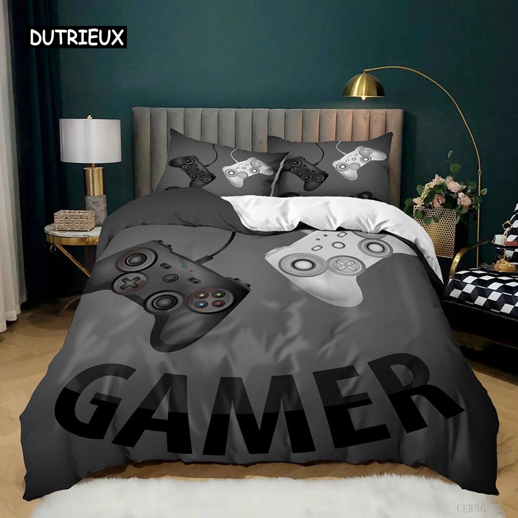 Zestaw poszwy na kołdrę do gry Nowoczesny Czarny Gamer Kontroler do gier wideo Zestaw pościeli Konsola Przycisk akcji Queen King Poliester Poszwa na kołdrę