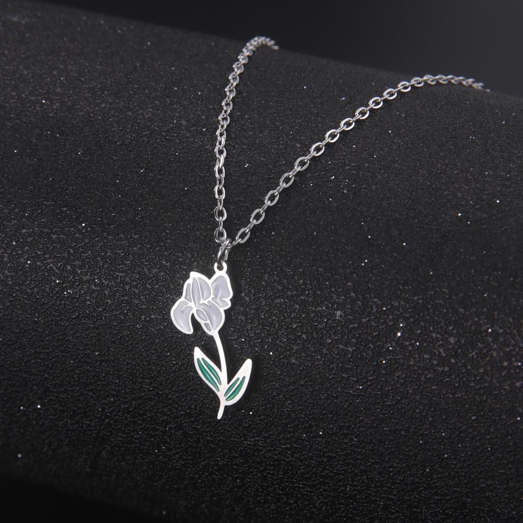 12 Birth Months Flower Necklace Stainless Steel White Green Enamel Daisy Rose Cosmos Pendant Neck Chains Birthday Gift