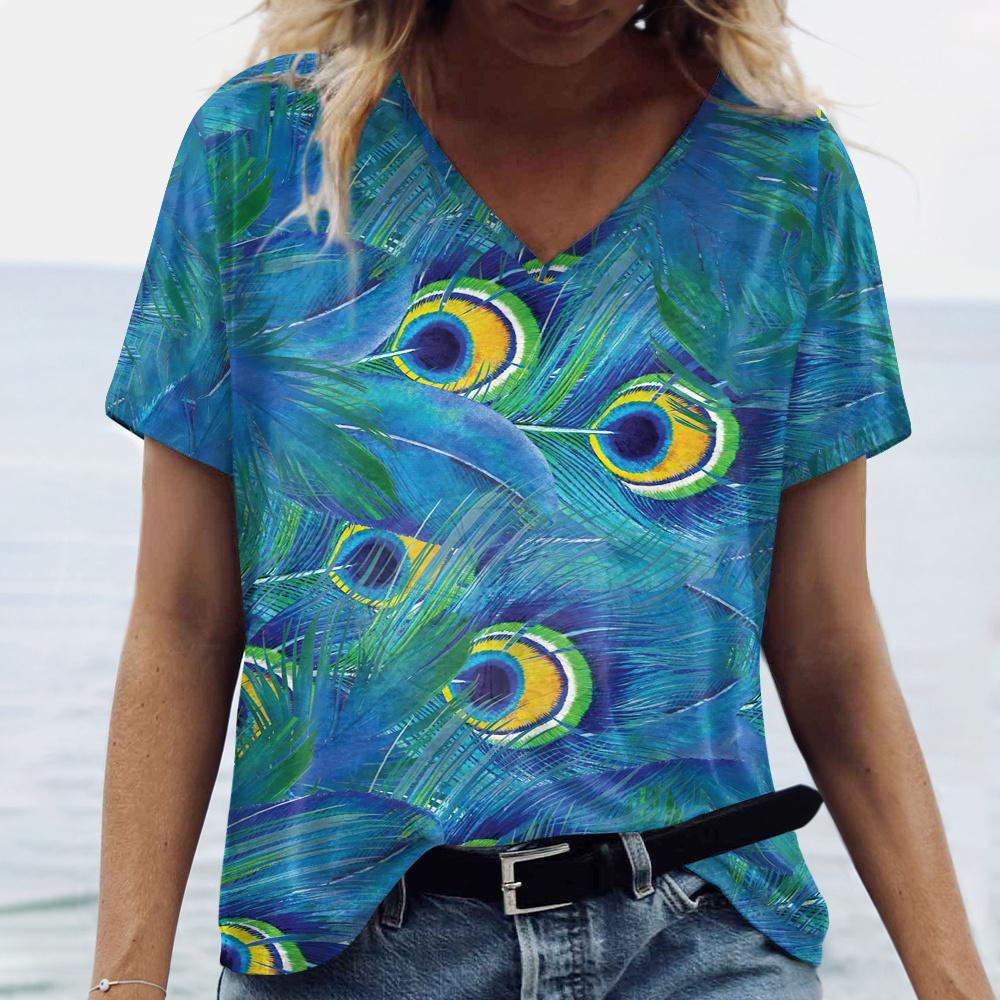 Новые яркие женские футболки с принтом павлиньего пера размера плюс — фото 15