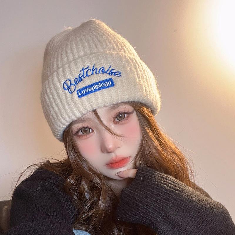Korean Style Trendy Brand Embroidered Knitted Hat Autumn and Winter Woolen Hat Female Ins Student Couple Letter Pullover Cold Hat Ear Protection Hat