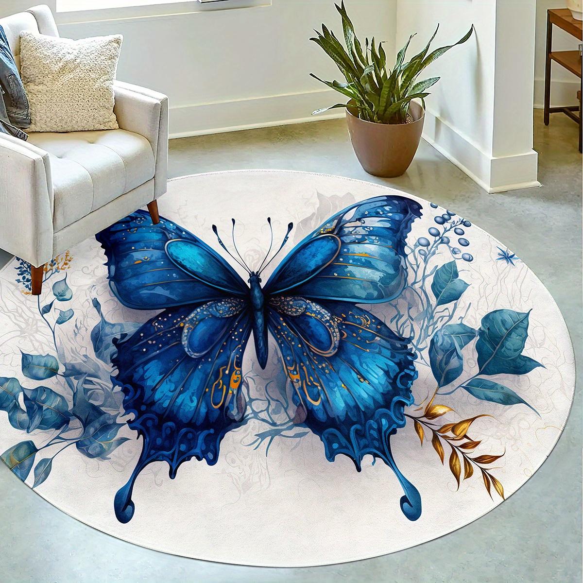 

Luxurious Blue Butterfly Pattern Round Shape Floor Mats Kitchen Hallway Runner Rug Bedroom Living Room Soft Carpet Non-slip Area Rug 60X60cm