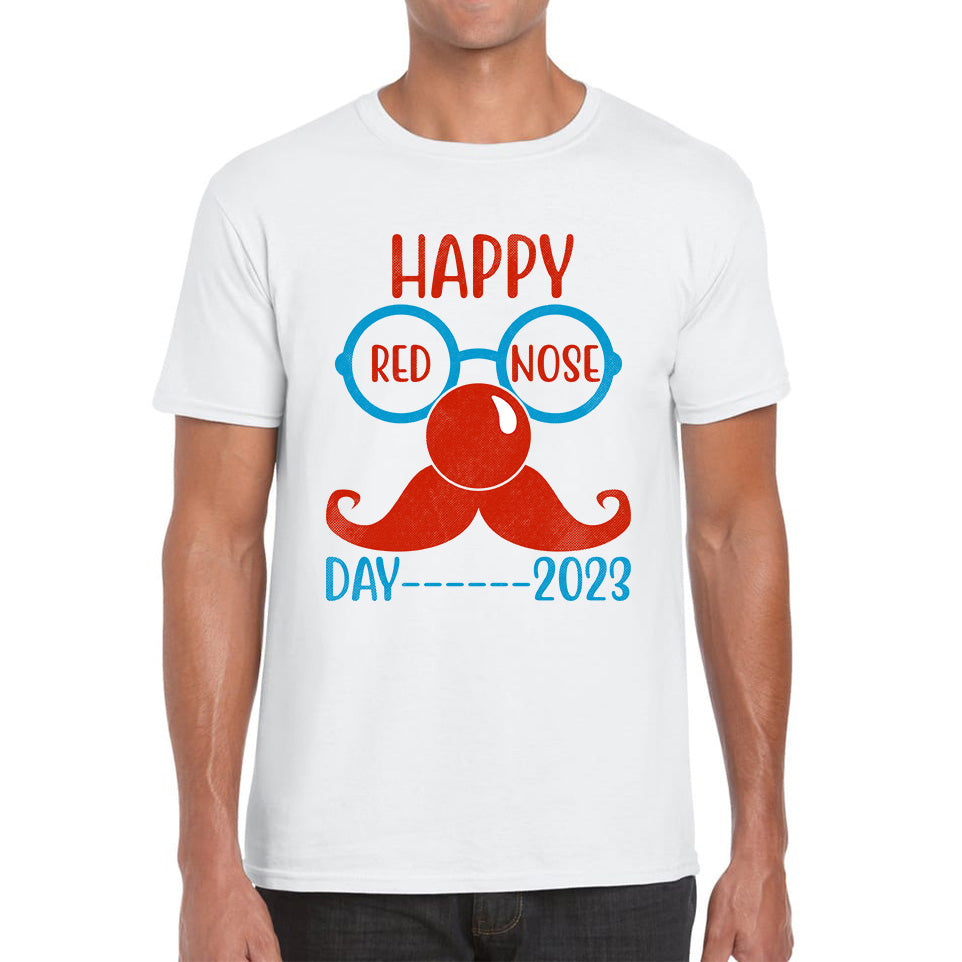 Happy Red Nose Day 2023 Glasses Moustache Child Poverty Awareness Party Wear Mens Tee Top M