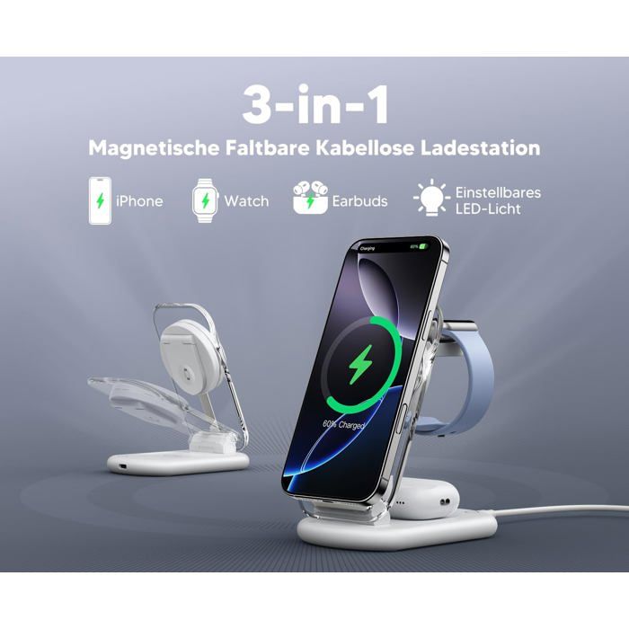 Station de Charge 3 en 1 - UNDERSCORE - Compatible iPhone 16/15/14 - Pliable - Réglable - Blanc Ivoire