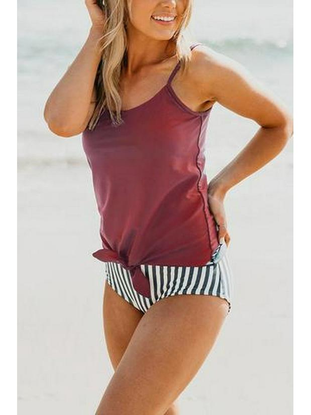 European & American Striped Women's Two-Piece Conservative Tankini Swimsuit