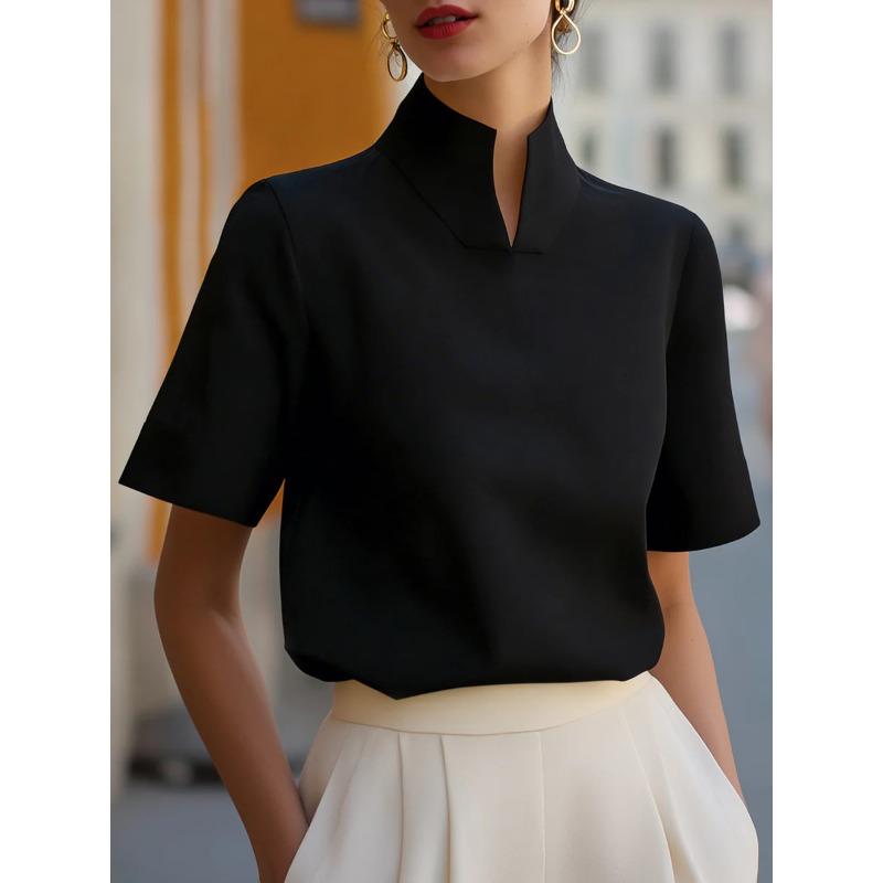 TIFICY Women's Fashion Casual Summer Spring Solid Color Print Short Sleeve High Neck Blouses & Shirts