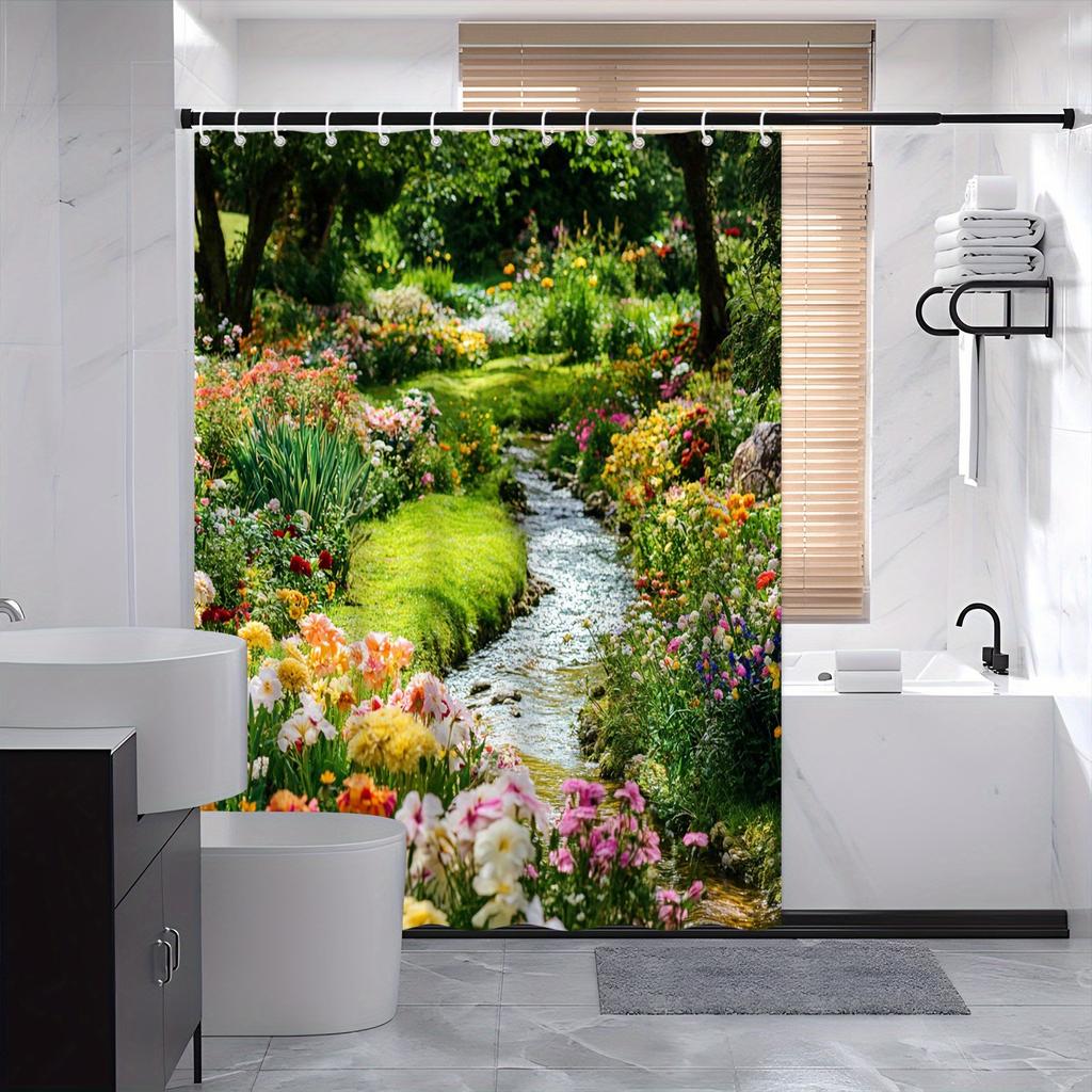 Lush Garden Stream Shower Curtain - Tranquil Nature Scene with Colorful Flowers, Polyester Woven,Machine Washable,Bathroom Decor