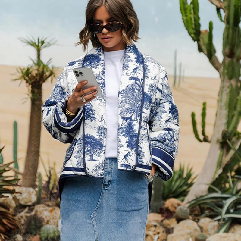 Printed Double Pocket Cotton Jacket Women Flower Printed Loose Casual Thickened Warm Coat Long Sleeve Cardigan Autumn Winter New Fashion