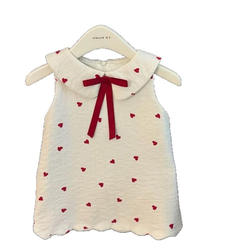 Girls White Heart Print Sleeveless Dress Summer Peter Pan Collar Princess Sundress Cute Casual Party Outfit For Kids
