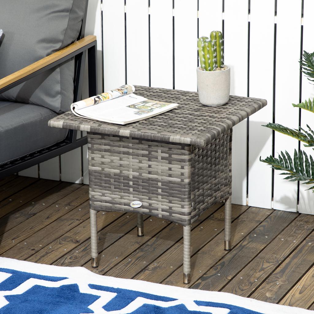Rattan Side Table, Outdoor Coffee Table with Plastic Board Under the Full Woven Table Top for Patio, Garden, Balcony, Mixed Grey