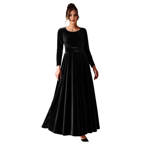Damen Samt Maxi Kleid Lässig Rundhals Langarm A-Linien Swing Kleid Herbst Cocktailparty Formelles Kleid für Hochzeitsgast