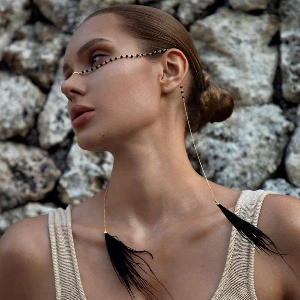 Boho Feather Tassel Face Chain, Sparkly Crystal Mask Vein Eyewear Chain, Festival Party Hair & Face Accessories for Women