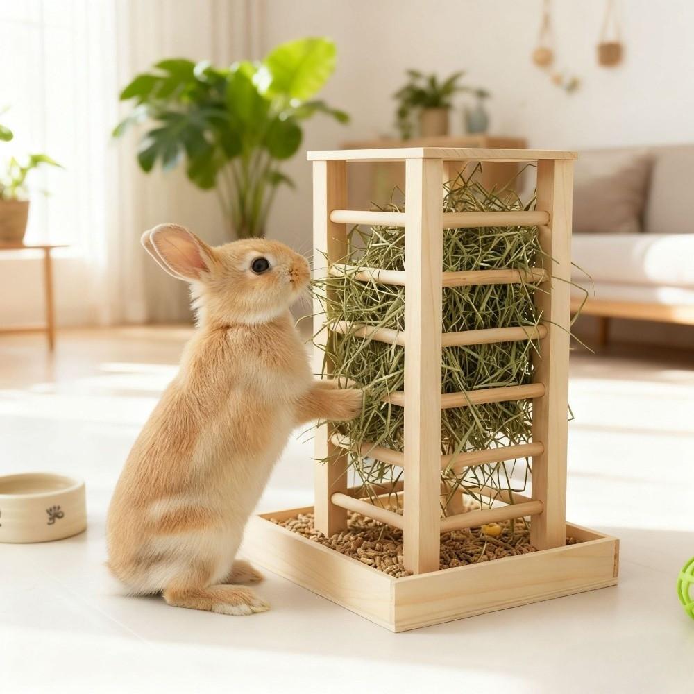 Detachable Rabbit Hay Manger Wooden Guinea Pig Feeder Pet Grass Rack Hay Feeder  Cage Accessories