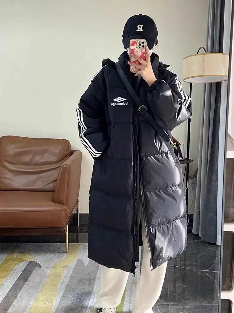 Women's 2023 Korean Style Long Down Jacket, Over-the-Knee, Three-Stripe, Thickened, Loose Fit, White Duck Down, Couple's Coat.