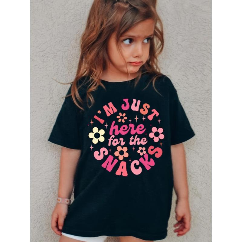 

European sizes Girls Summer Short Sleeve T-Shirt - I m Just Here for the Snacks Fun Letter Print with Floral Accents, Casual Round Neck Top 164cm чорний